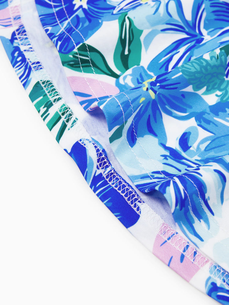 Matching Family Outfits Summer Blue Set Tropical Floral Print Sundresses or Splicing Colorblock T-shirt Hawaiian Vacation Beachwear for Family Photos Blue