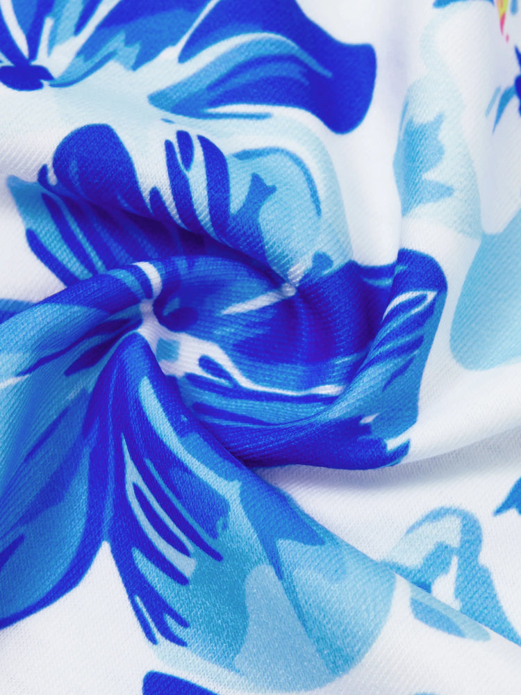 Matching Family Outfits Summer Blue Set Tropical Floral Print Sundresses or Splicing Colorblock T-shirt Hawaiian Vacation Beachwear for Family Photos Blue