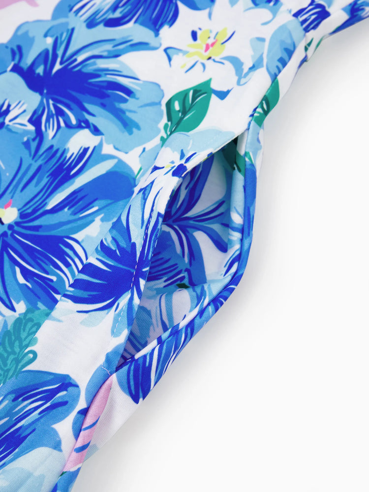 Matching Family Outfits Summer Blue Set Tropical Floral Print Sundresses or Splicing Colorblock T-shirt Hawaiian Vacation Beachwear for Family Photos Blue