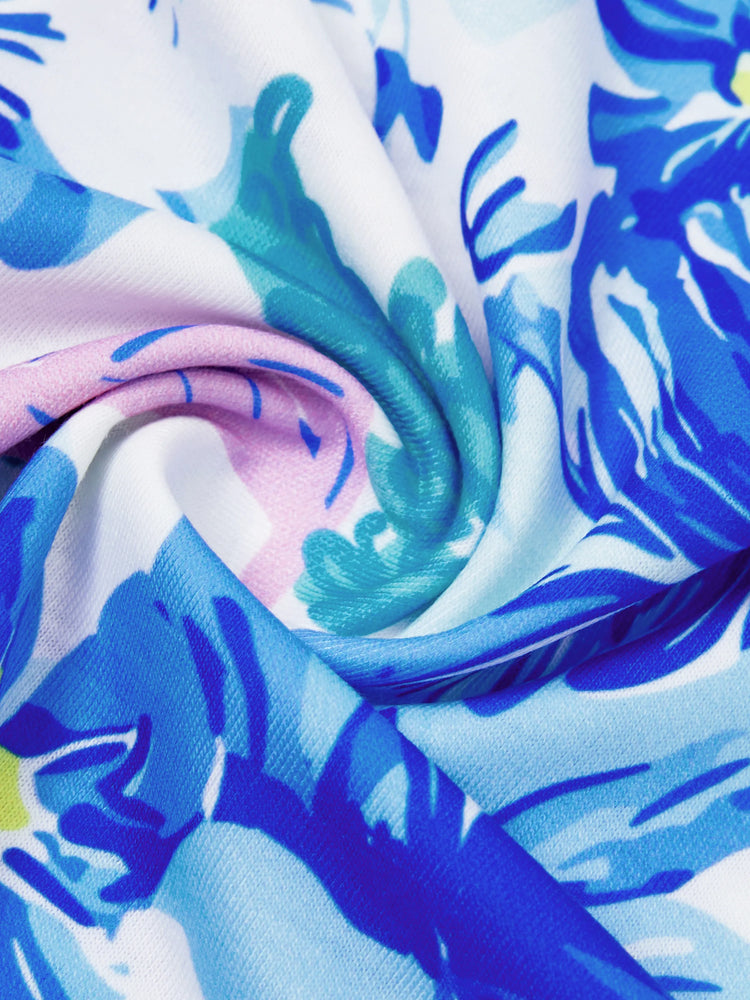 Matching Family Outfits Summer Blue Set Tropical Floral Print Sundresses or Splicing Colorblock T-shirt Hawaiian Vacation Beachwear for Family Photos Blue