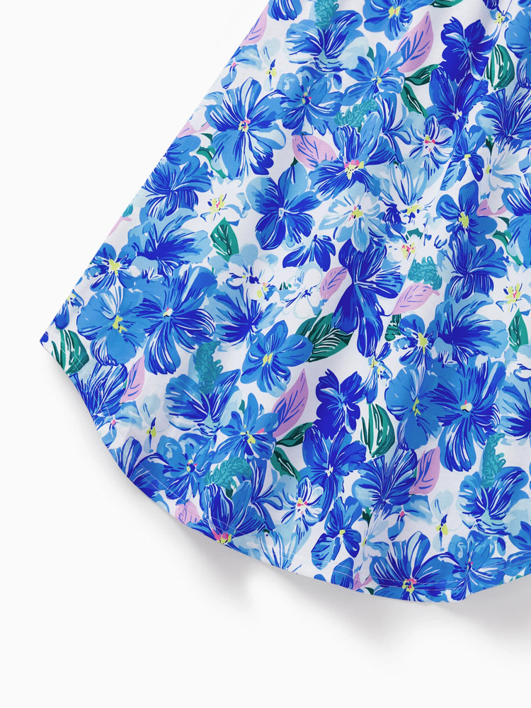 Matching Family Outfits Summer Blue Set Tropical Floral Print Sundresses or Splicing Colorblock T-shirt Hawaiian Vacation Beachwear for Family Photos Blue