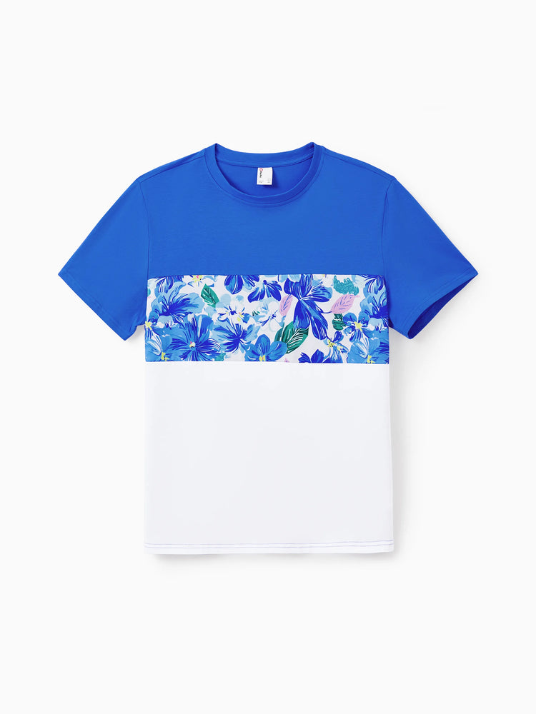 Matching Family Outfits Summer Blue Set Tropical Floral Print Sundresses or Splicing Colorblock T-shirt Hawaiian Vacation Beachwear for Family Photos Blue