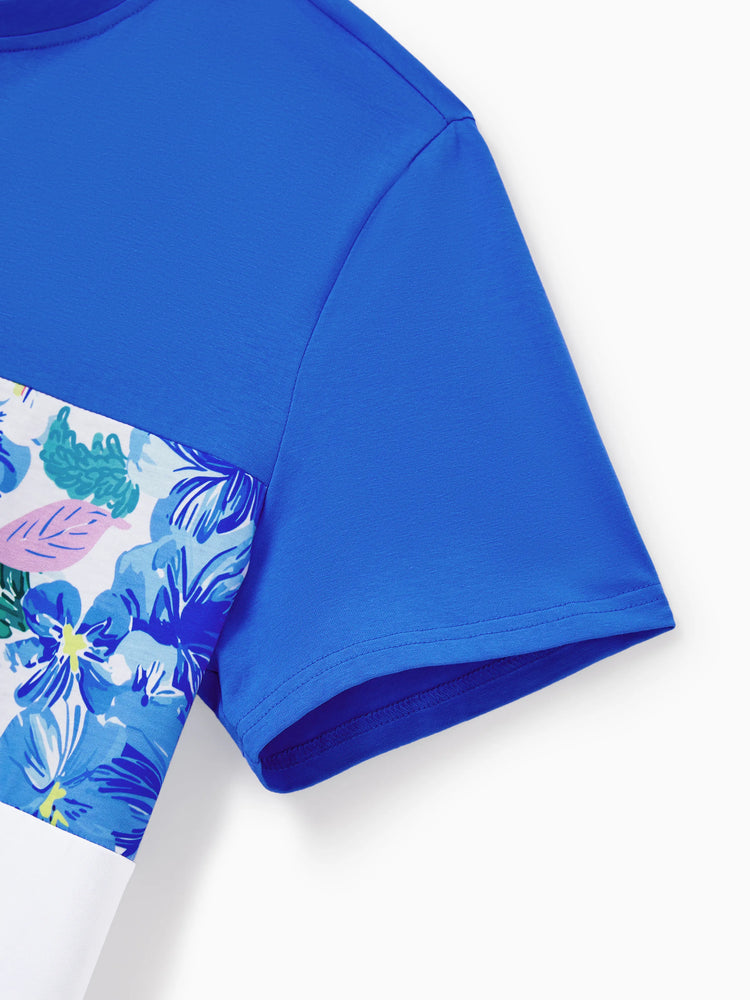 Matching Family Outfits Summer Blue Set Tropical Floral Print Sundresses or Splicing Colorblock T-shirt Hawaiian Vacation Beachwear for Family Photos Blue