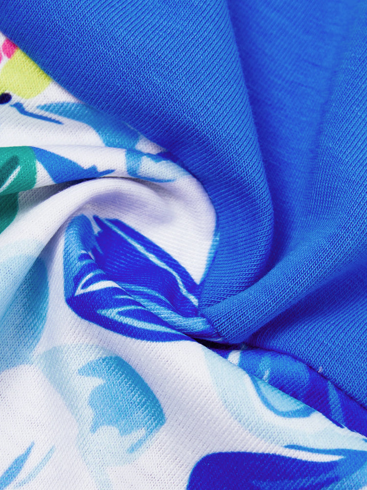 Matching Family Outfits Summer Blue Set Tropical Floral Print Sundresses or Splicing Colorblock T-shirt Hawaiian Vacation Beachwear for Family Photos Blue