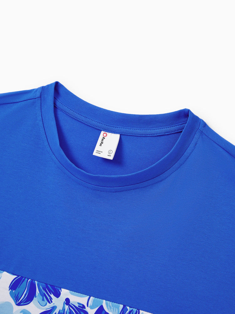 Matching Family Outfits Summer Blue Set Tropical Floral Print Sundresses or Splicing Colorblock T-shirt Hawaiian Vacation Beachwear for Family Photos Blue