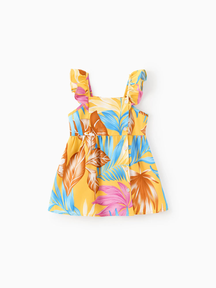 Ensemble familial assorti jaune à imprimé feuilles tropicales, chemise à manches courtes ou robe à bretelles jaune