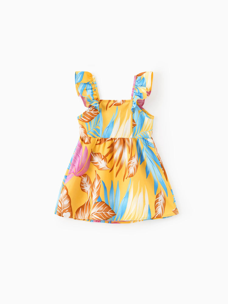 Ensemble familial assorti jaune à imprimé feuilles tropicales, chemise à manches courtes ou robe à bretelles jaune