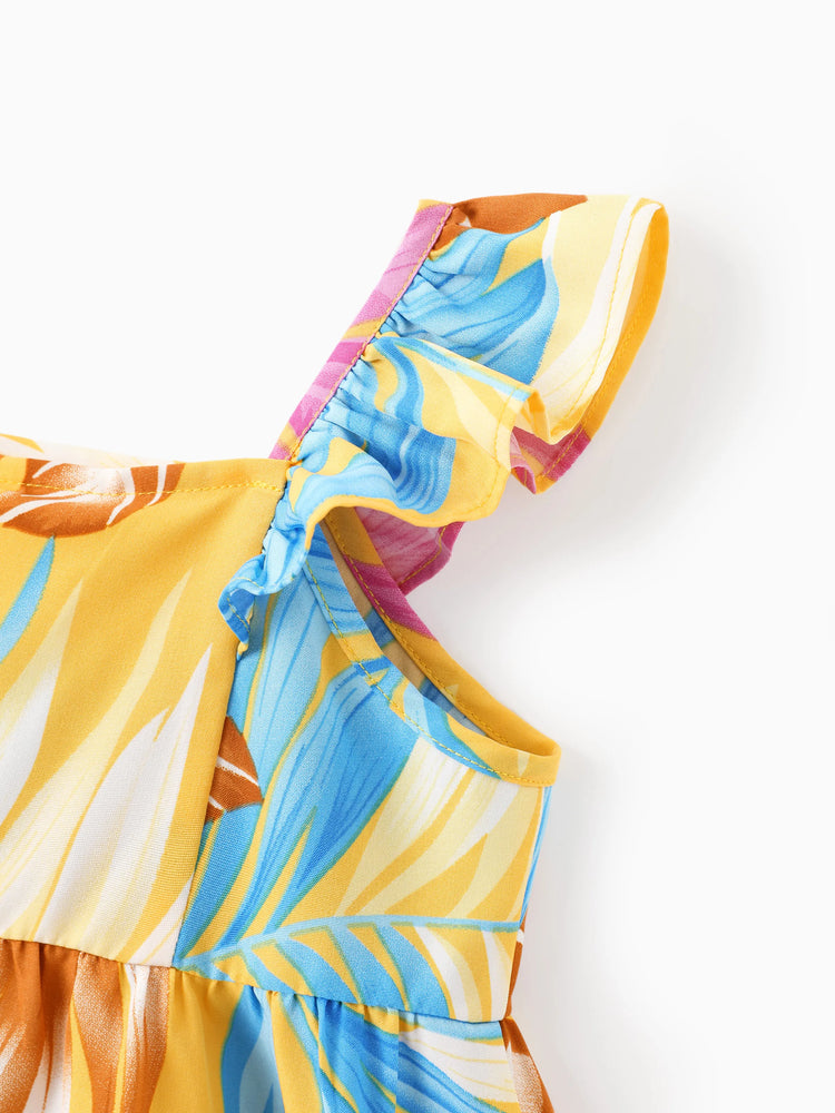 Ensemble familial assorti jaune à imprimé feuilles tropicales, chemise à manches courtes ou robe à bretelles jaune