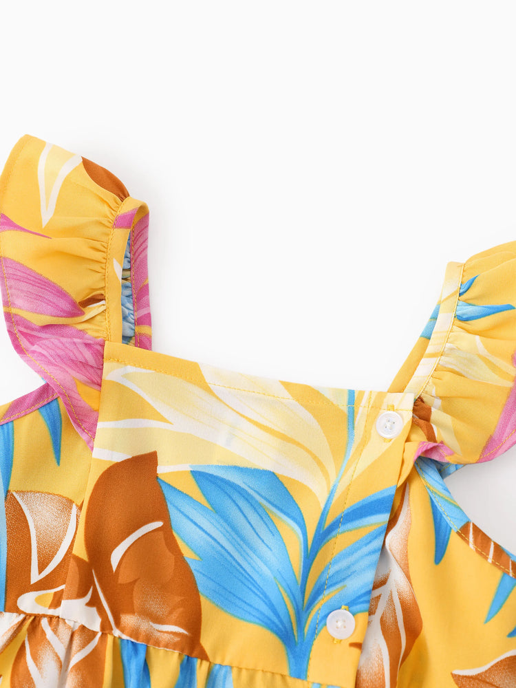 Ensemble familial assorti jaune à imprimé feuilles tropicales, chemise à manches courtes ou robe à bretelles jaune