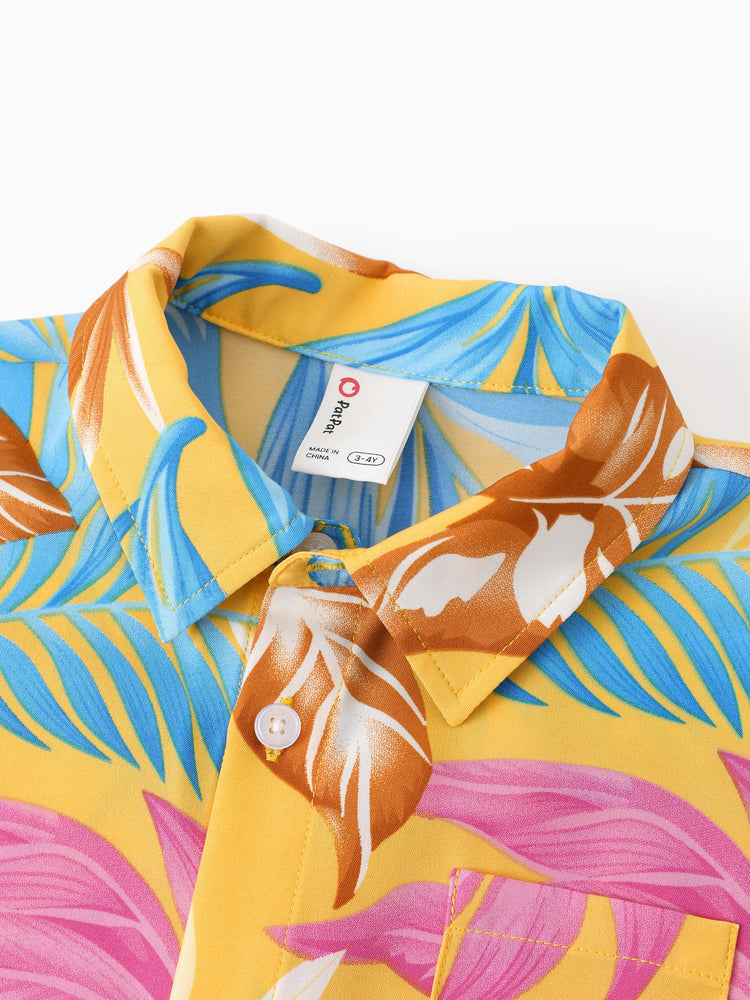 Daddy and Me Family Matching Yellow Set Tropical Leaf Print Short-sleeve Shirt or Strap Dress  Yellow