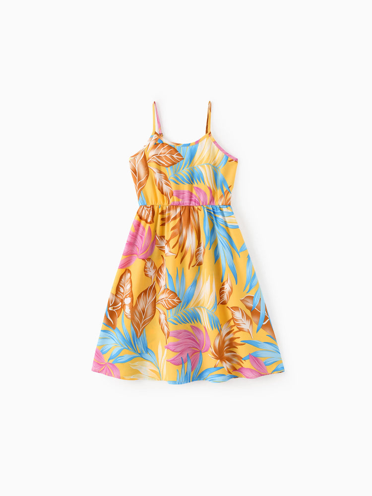 Mommy and Me Family Matching Yellow Set Tropical Leaf Print Short-sleeve Shirt or Strap Dress  Yellow