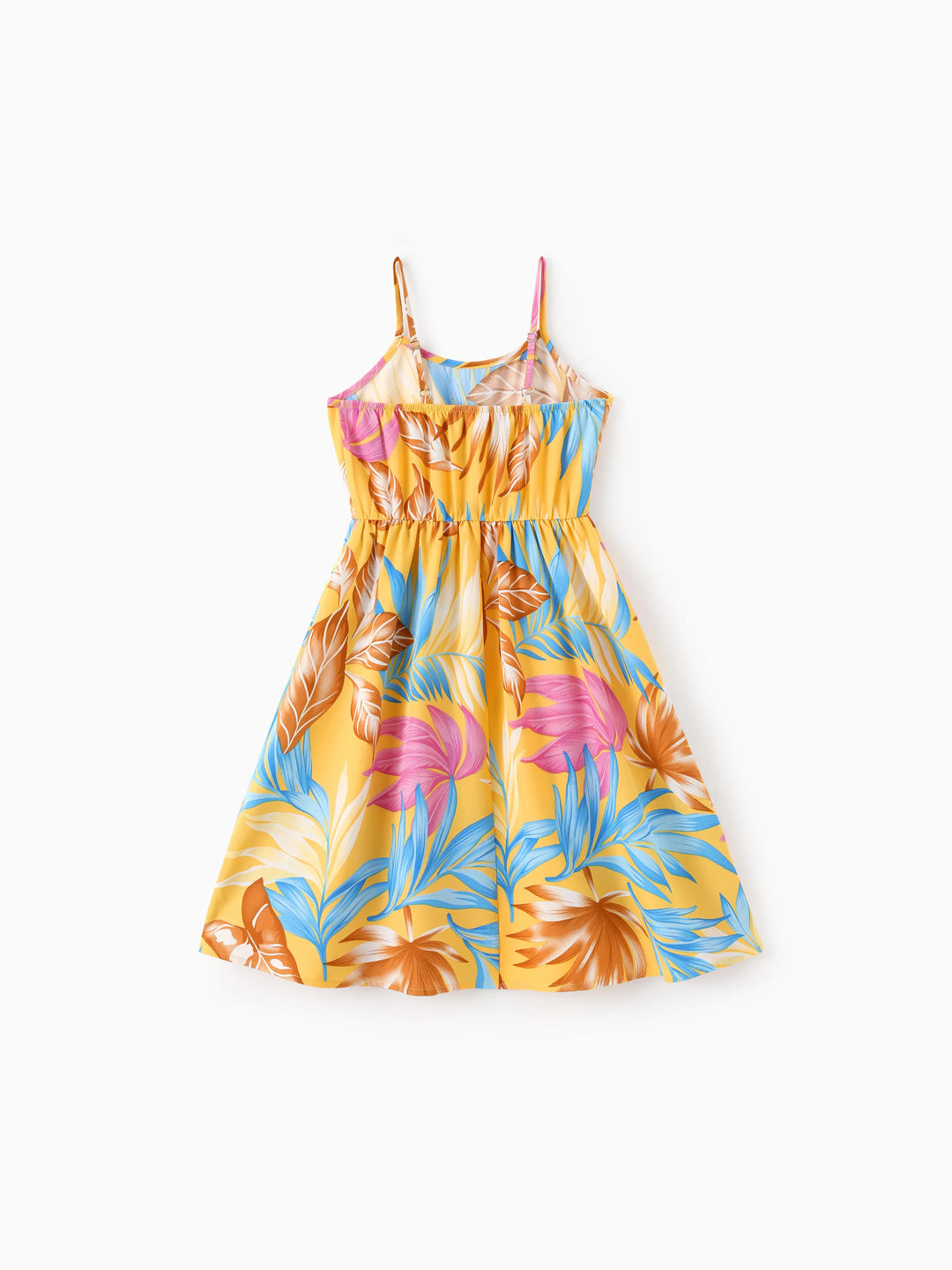 Mommy und Ich Familienpassendes Gelbes Set Tropischer Blattprint Kurzarm-Hemd oder Trägerkleid Gelb