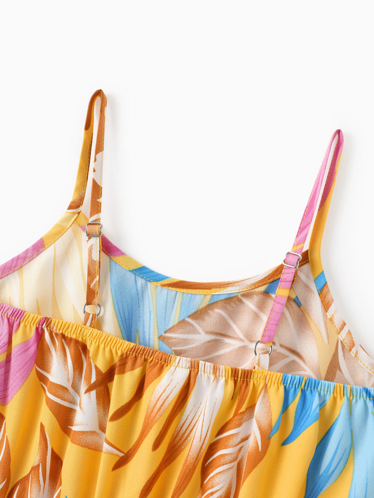 Ensemble familial assorti jaune à imprimé feuilles tropicales, chemise à manches courtes ou robe à bretelles jaune