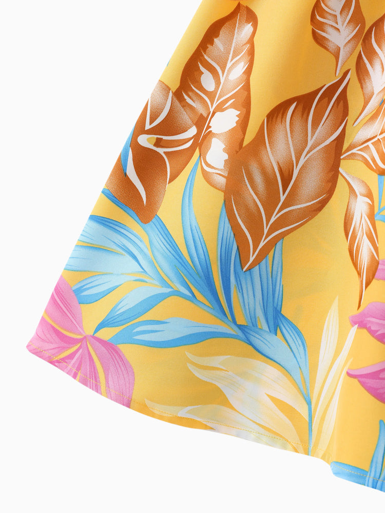 Mommy and Me Family Matching Yellow Set Tropical Leaf Print Short-sleeve Shirt or Strap Dress  Yellow