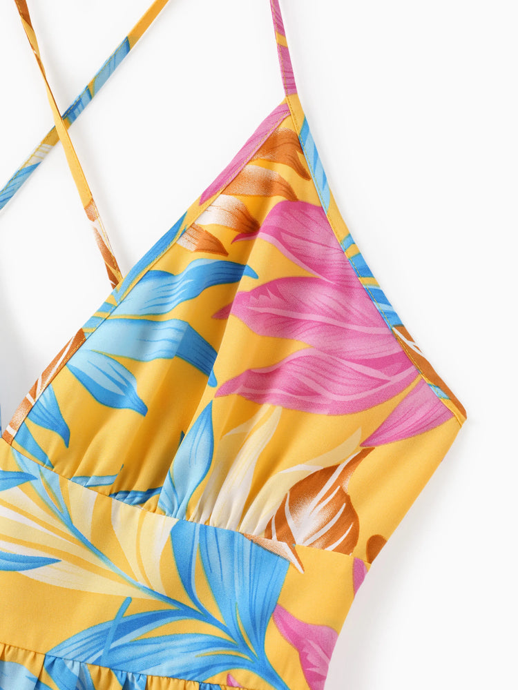 Mommy and Me Family Matching Yellow Set Tropical Leaf Print Short-sleeve Shirt or Strap Dress  Yellow