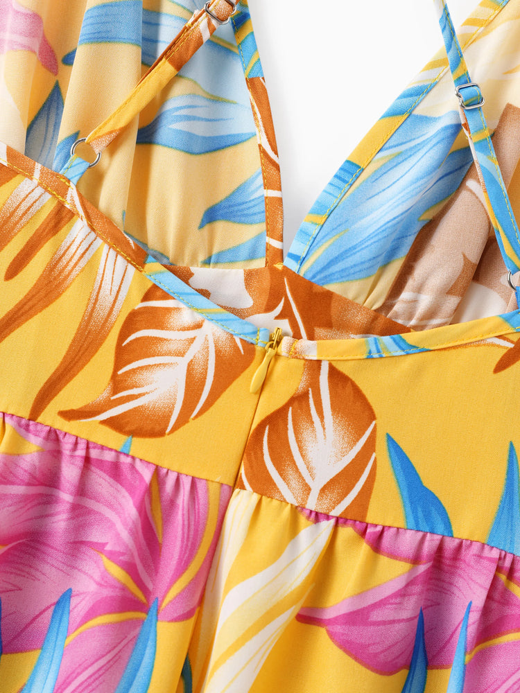 Ensemble familial assorti jaune à imprimé feuilles tropicales, chemise à manches courtes ou robe à bretelles jaune