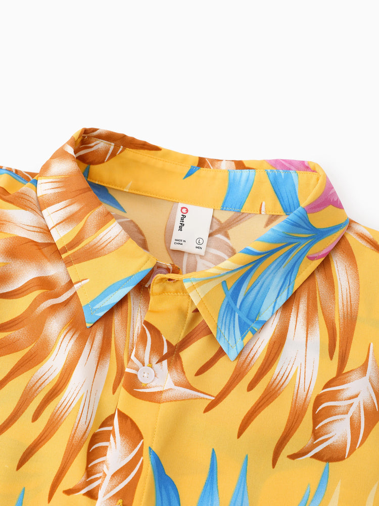 Ensemble familial assorti jaune à imprimé feuilles tropicales, chemise à manches courtes ou robe à bretelles jaune