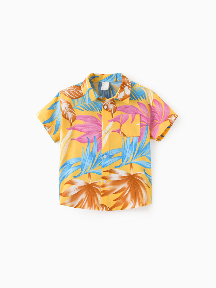 Daddy and Me Family Matching Yellow Set Tropical Leaf Print Short-sleeve Shirt or Strap Dress  Yellow