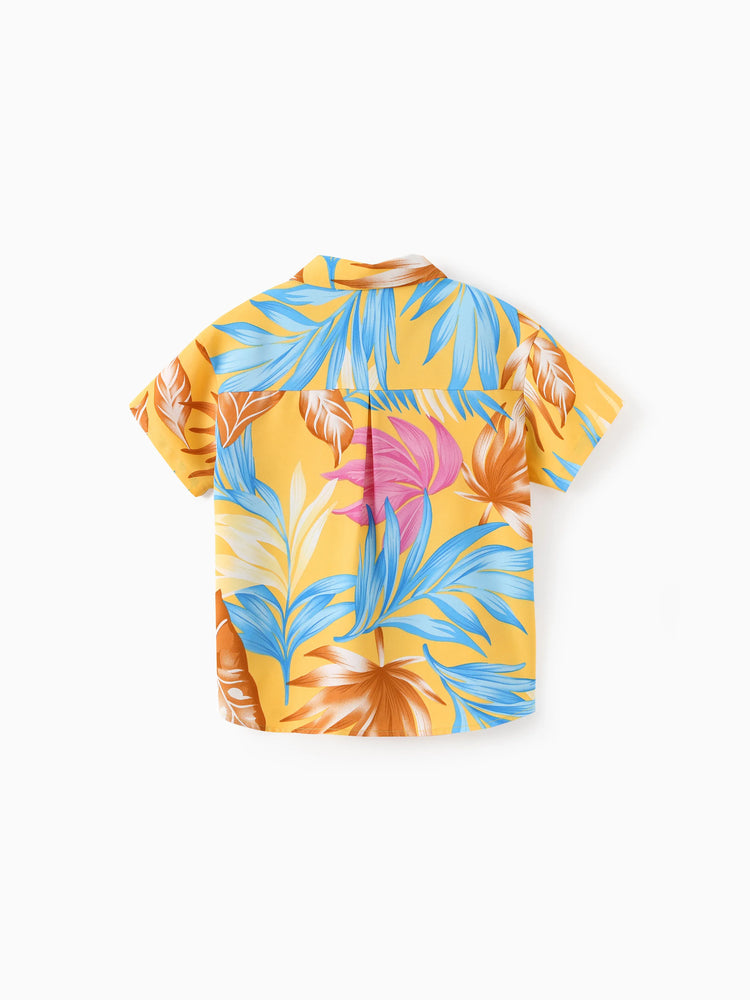 Daddy and Me Family Matching Yellow Set Tropical Leaf Print Short-sleeve Shirt or Strap Dress  Yellow