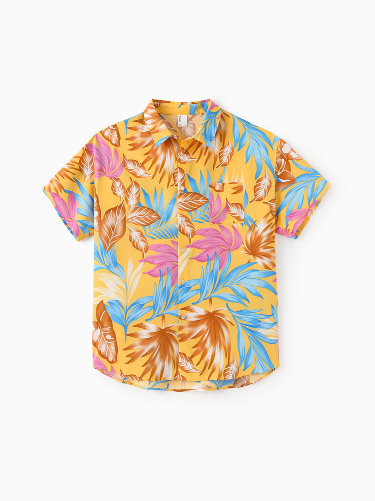 Daddy and Me Family Matching Yellow Set Tropical Leaf Print Short-sleeve Shirt or Strap Dress  Yellow