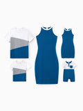 Matching Family Outfits Summer Set Colorblock Cotton Short-sleeve Shirt or Blue Tank Knit Dress for Vacation Royal Blue