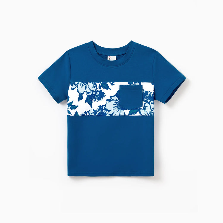 Family Matching Outfits Blue Floral Summer Clothes Halter Dress, or Colorblock T-Shirt Coordinated Look for Beach, Vacation, Photoshoot Turquoise