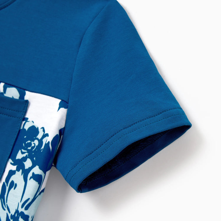 Family Matching Outfits Blue Floral Summer Clothes Halter Dress, or Colorblock T-Shirt Coordinated Look for Beach, Vacation, Photoshoot Turquoise