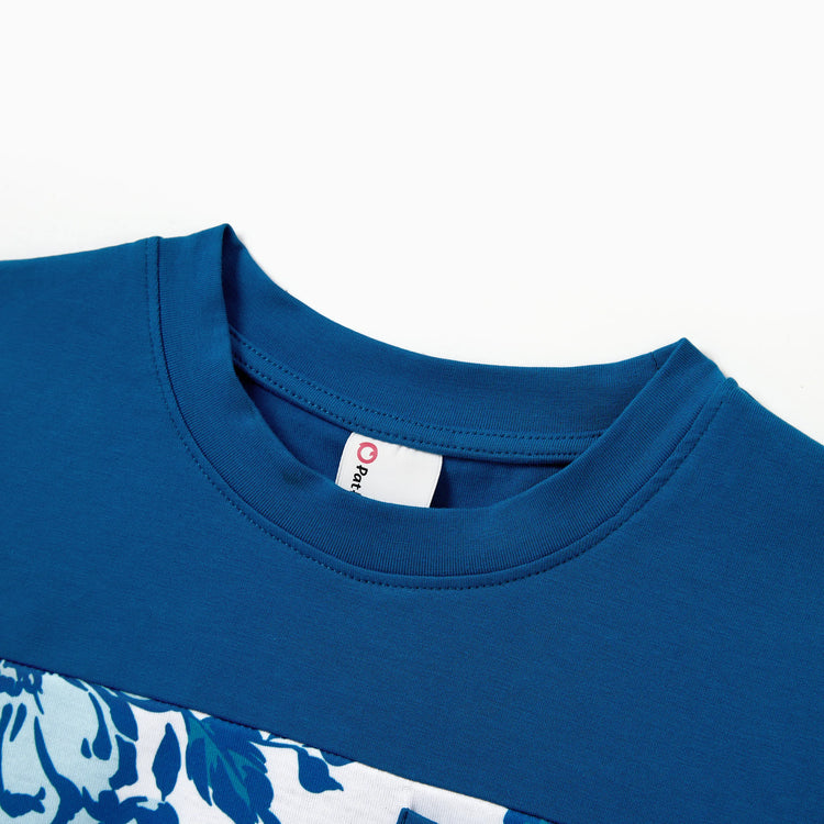 Family Matching Outfits Blue Floral Summer Clothes Halter Dress, or Colorblock T-Shirt Coordinated Look for Beach, Vacation, Photoshoot Turquoise