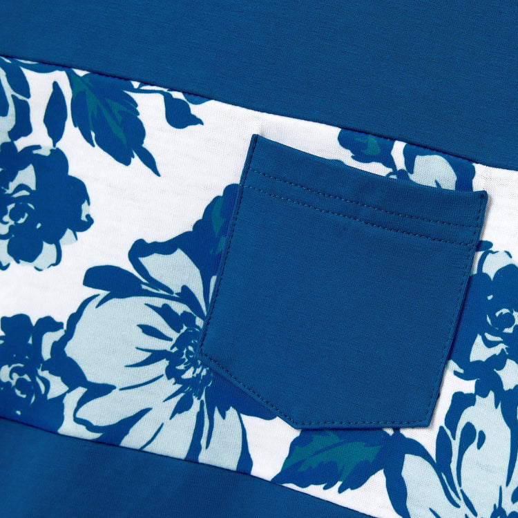 Family Matching Outfits Blue Floral Summer Clothes Halter Dress, or Colorblock T-Shirt Coordinated Look for Beach, Vacation, Photoshoot Turquoise