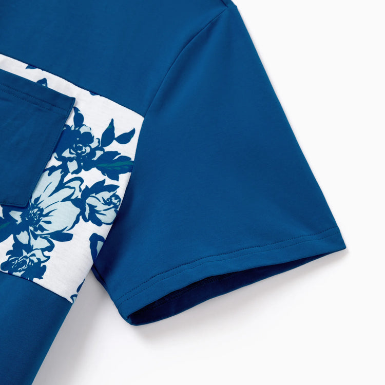 Family Matching Outfits Blue Floral Summer Clothes Halter Dress, or Colorblock T-Shirt Coordinated Look for Beach, Vacation, Photoshoot Turquoise