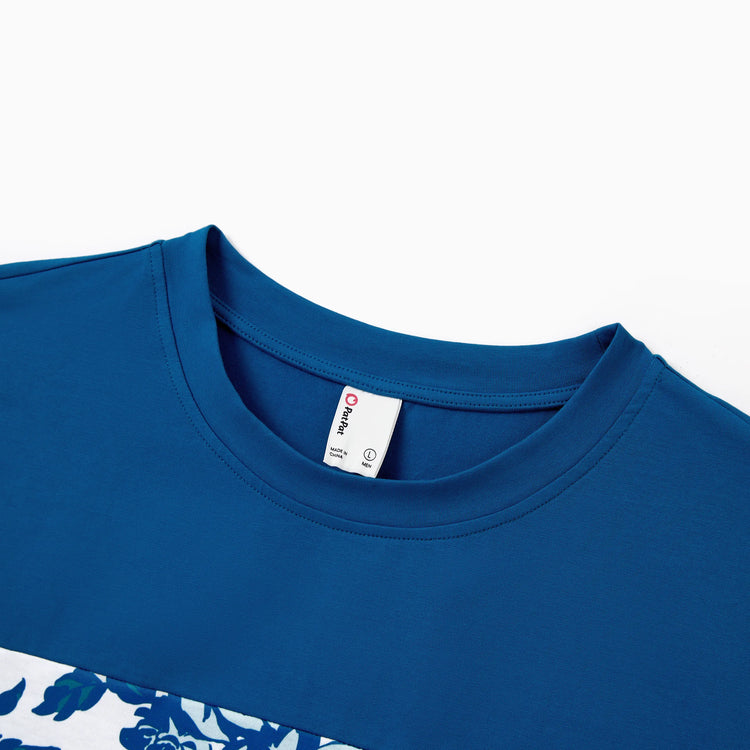 Family Matching Outfits Blue Floral Summer Clothes Halter Dress, or Colorblock T-Shirt Coordinated Look for Beach, Vacation, Photoshoot Turquoise