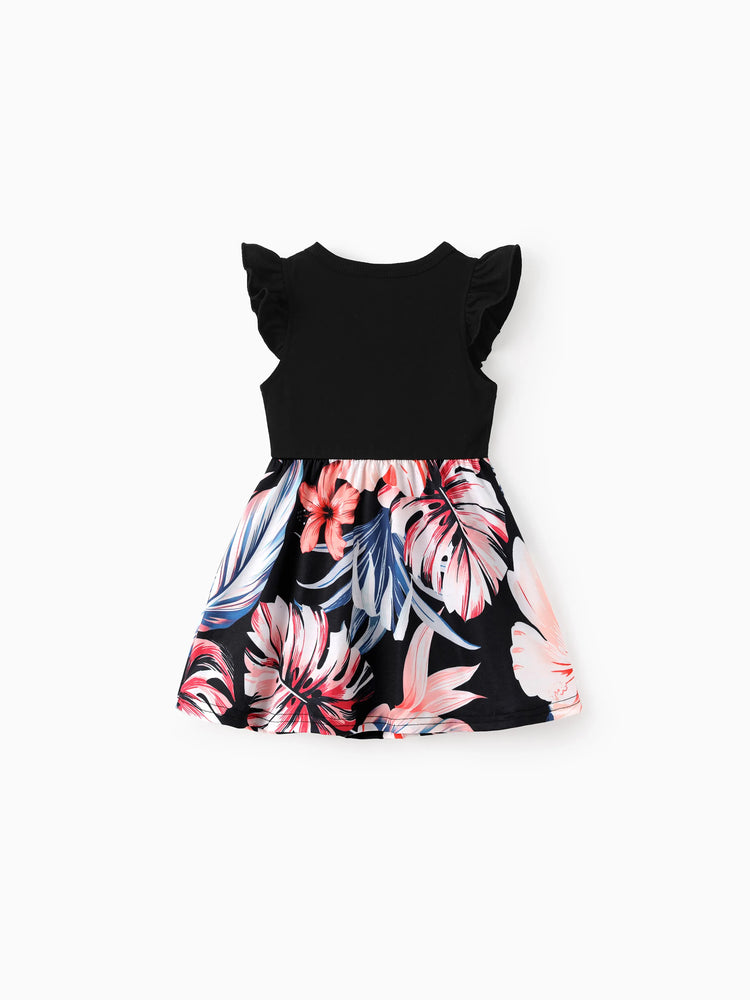 Family Matching Set Tropical Print Cotton Short-sleeve Shirt or Sleeveless Belted Dress Black