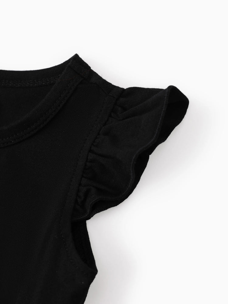 Family Matching Set Tropical Print Cotton Short-sleeve Shirt or Sleeveless Belted Dress Black