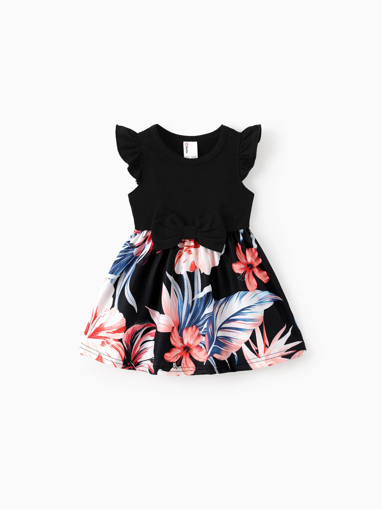 Family Matching Set Tropical Print Cotton Short-sleeve Shirt or Sleeveless Belted Dress Black