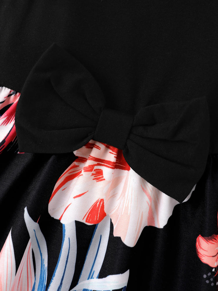 Family Matching Set Tropical Print Cotton Short-sleeve Shirt or Sleeveless Belted Dress Black