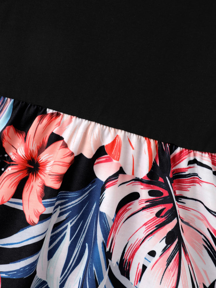 Family Matching Set Tropical Print Cotton Short-sleeve Shirt or Sleeveless Belted Dress Black