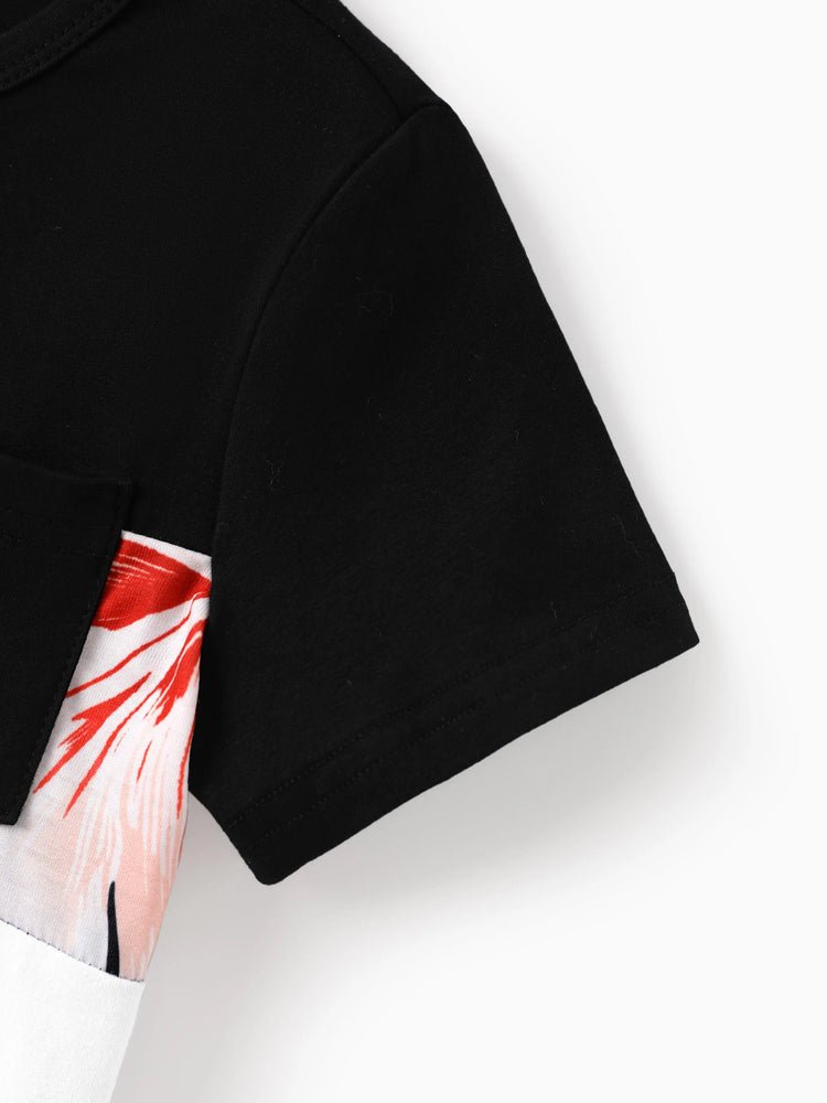 Family Matching Set Tropical Print Cotton Short-sleeve Shirt or Sleeveless Belted Dress Black