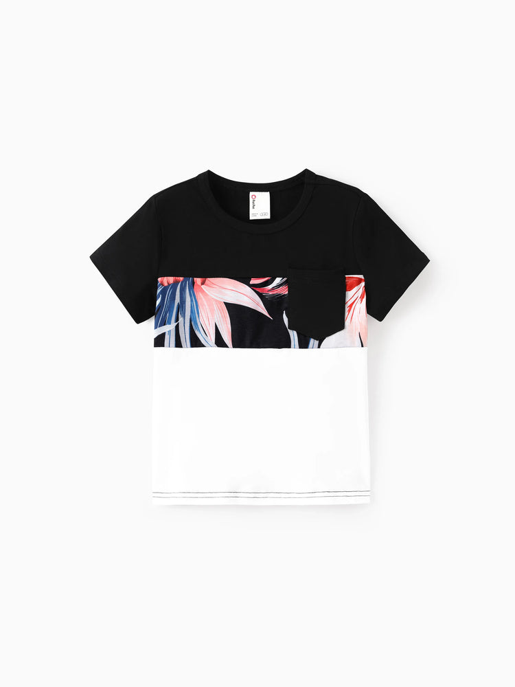 Family Matching Set Tropical Print Cotton Short-sleeve Shirt or Sleeveless Belted Dress Black