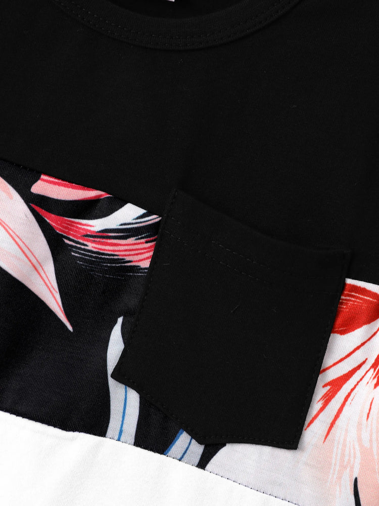 Family Matching Set Tropical Print Cotton Short-sleeve Shirt or Sleeveless Belted Dress Black