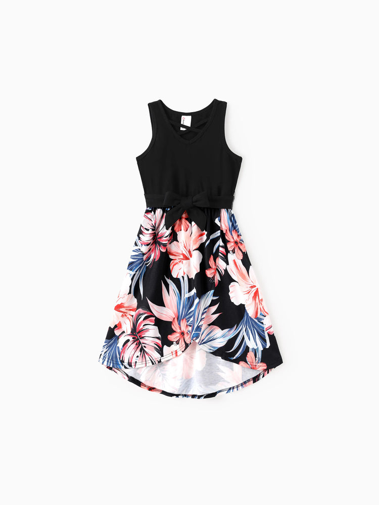 Family Matching Set Tropical Print Cotton Short-sleeve Shirt or Sleeveless Belted Dress Black