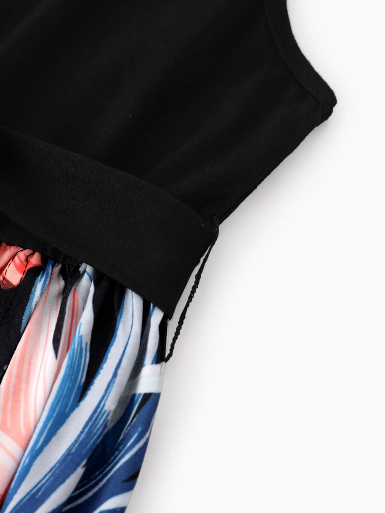 Family Matching Set Tropical Print Cotton Short-sleeve Shirt or Sleeveless Belted Dress Black