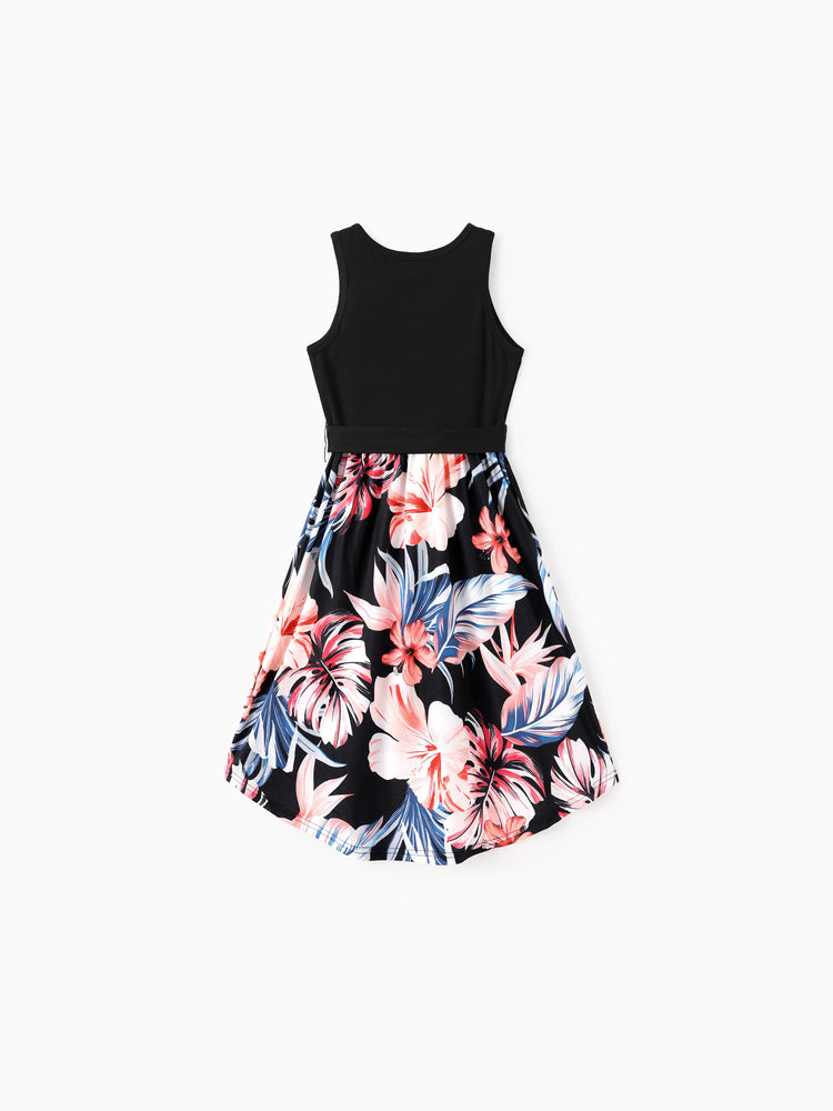 Family Matching Set Tropical Print Cotton Short-sleeve Shirt or Sleeveless Belted Dress Black