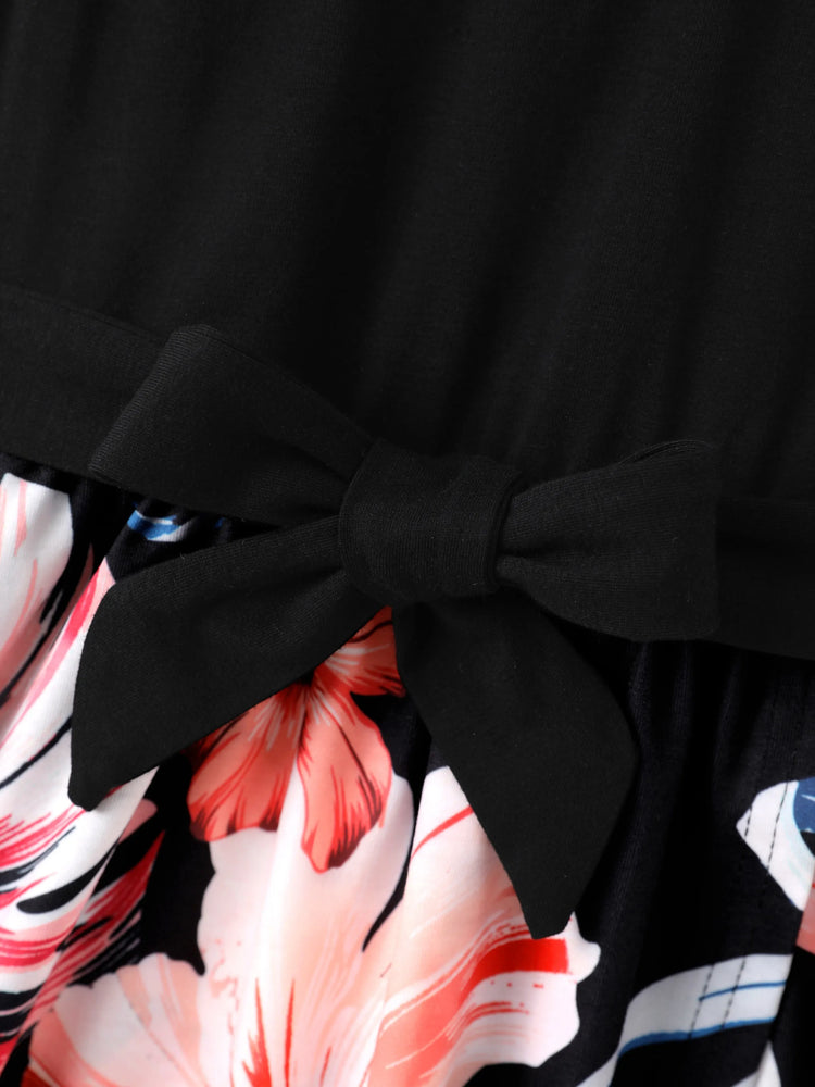 Family Matching Set Tropical Print Cotton Short-sleeve Shirt or Sleeveless Belted Dress Black