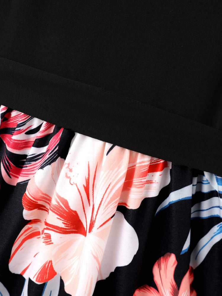 Family Matching Set Tropical Print Cotton Short-sleeve Shirt or Sleeveless Belted Dress Black