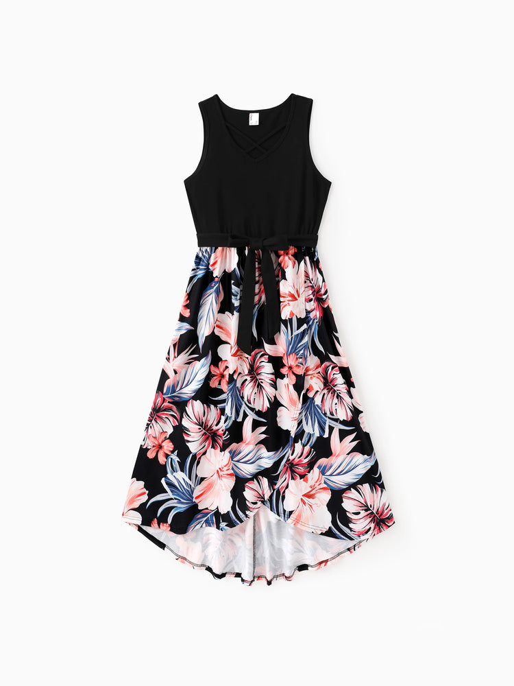 Family Matching Set Tropical Print Cotton Short-sleeve Shirt or Sleeveless Belted Dress Black
