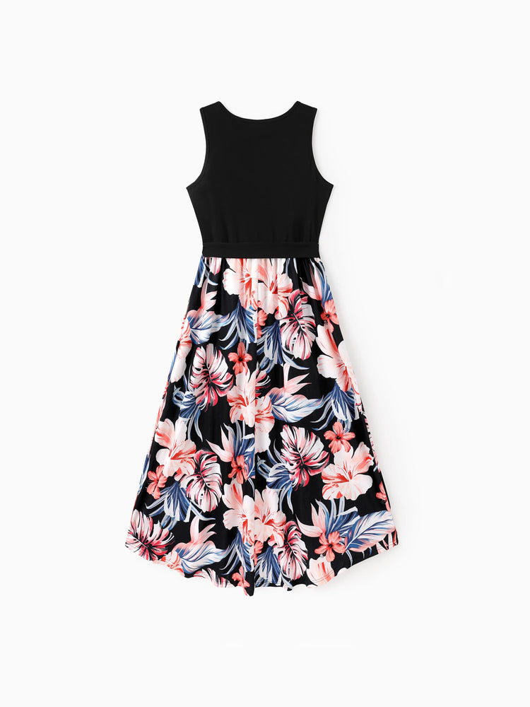 Family Matching Set Tropical Print Cotton Short-sleeve Shirt or Sleeveless Belted Dress Black