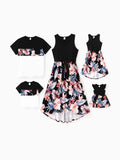 Family Matching Set Tropical Print Cotton Short-sleeve Shirt or Sleeveless Belted Dress Black