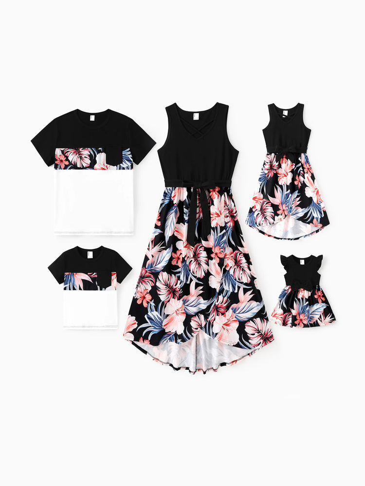 Family Matching Set Tropical Print Cotton Short-sleeve Shirt or Sleeveless Belted Dress Black