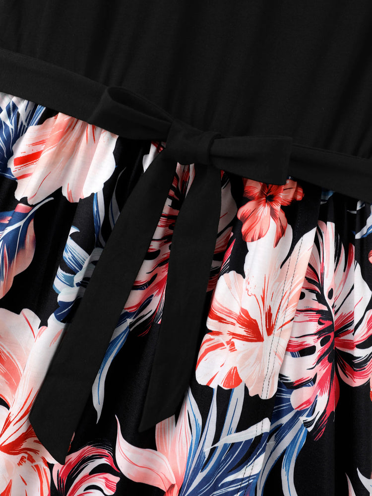 Family Matching Set Tropical Print Cotton Short-sleeve Shirt or Sleeveless Belted Dress Black
