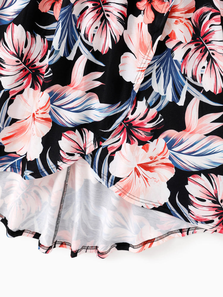 Family Matching Set Tropical Print Cotton Short-sleeve Shirt or Sleeveless Belted Dress Black